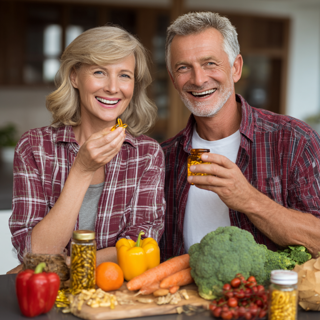 Middle-aged adults enjoying natural heart-healthy foods and supplements