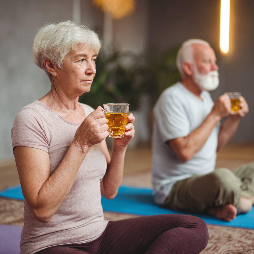 Older adults practicing daily wellness routines with herbal teas and gentle exercises